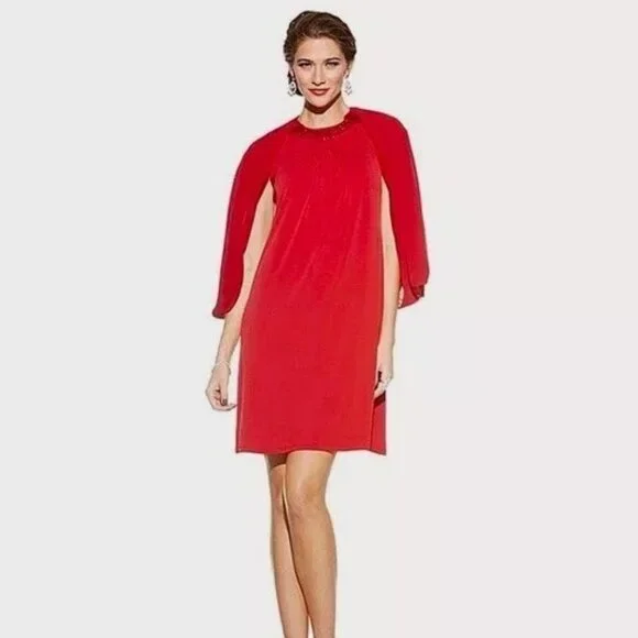 Badgley Mischka Red Dress Jewel Neck w/Matching Chiffon Cape Dress SMALL  &  2X - Picture 2 of 8